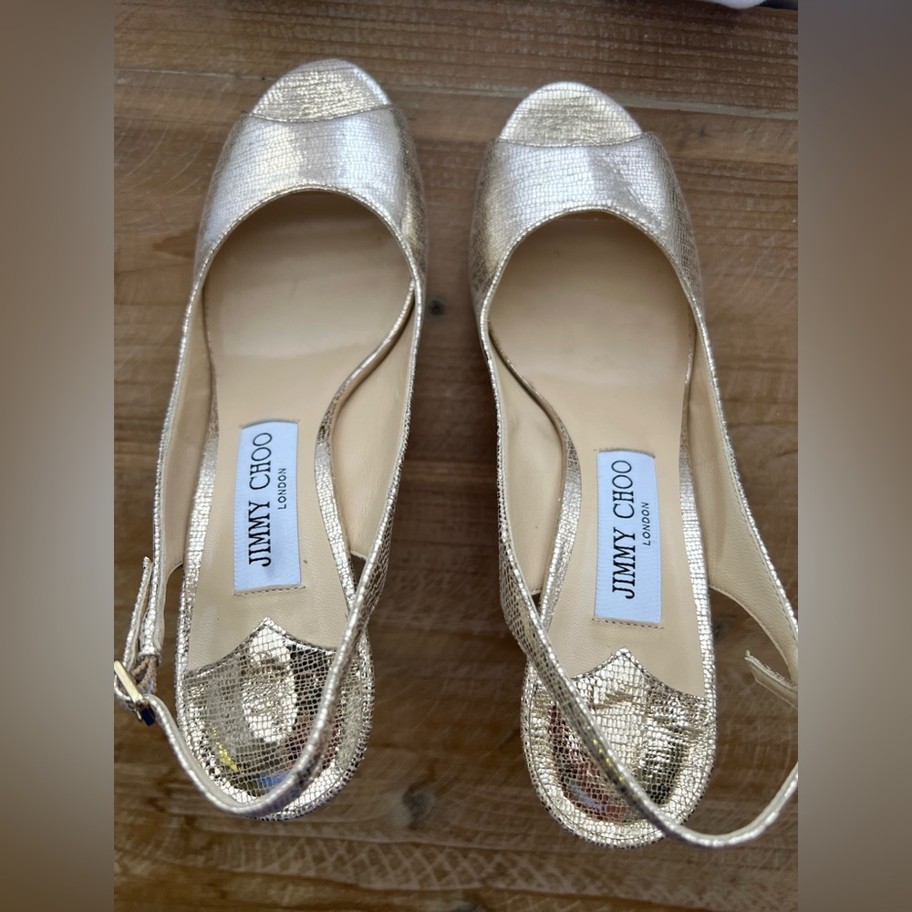 Jimmy Choo Nova Gold Peep Toe Slingback Heel in Women’s Size 37.5 New - Picture 6 of 10